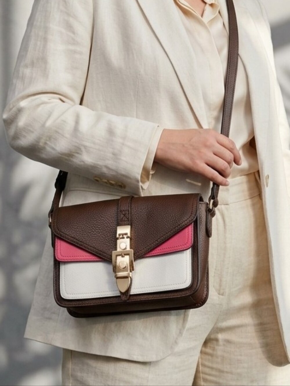 ​Charming Charlie Colorblock Flap Crossbody Bag Brown White Pink Preppy Satchel